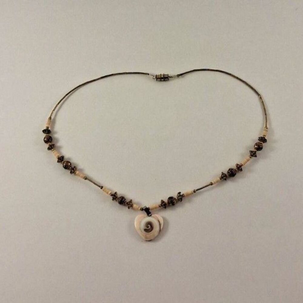 Artisan Beaded Choker with Natural Shell Pendant and Metal Beads 1970s - 1990s